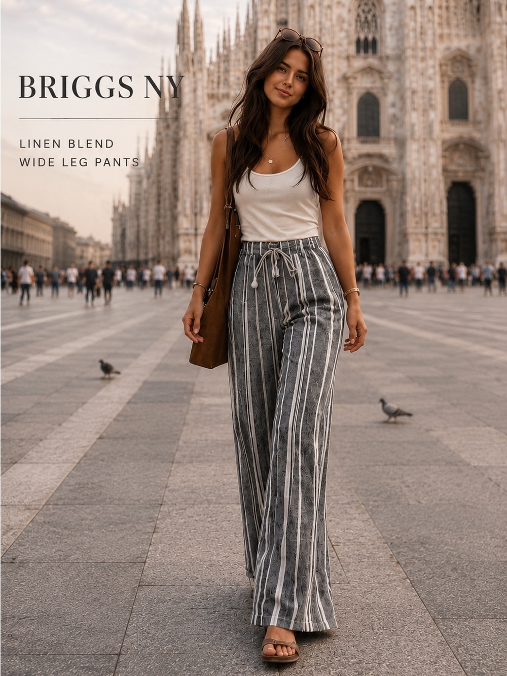 Briggs NY Linen Blend Wide Leg Pants Gray White Stripe Pull On Size M